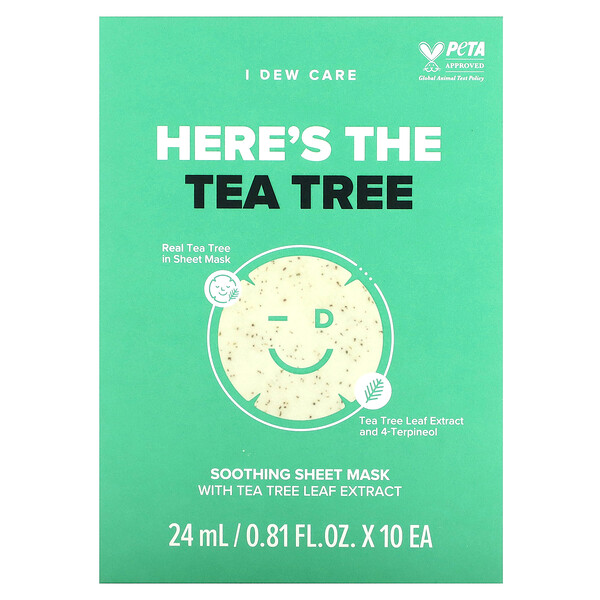 Here´s The Tea Tree, Успокаивающая косметическая тканевая маска, 10 тканевых масок, 0,81 жидк. унции (24 мл) каждая I Dew Care