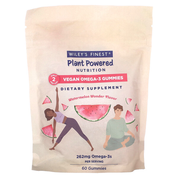 Plant Powered Nutrition, Веганские жевательные конфеты с омега-3, арбузное чудо, 131 мг, 60 жевательных конфет Wiley's Finest