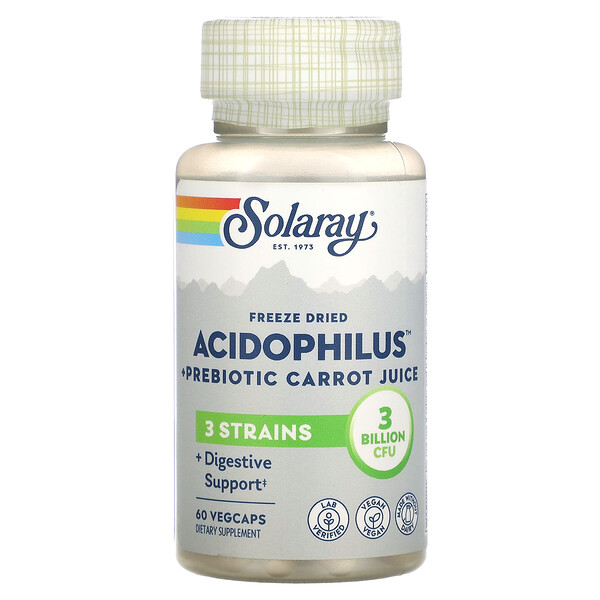 Лиофилизированный Ацидофилус + Пребиотический Морковный Сок, 3 миллиарда КОЕ, 60 растительных капсул - Solaray Solaray