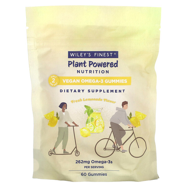 Plant Powered Nutrition, Веганские жевательные конфеты с омега-3, свежий лимонад, 131 мг, 60 жевательных конфет Wiley's Finest