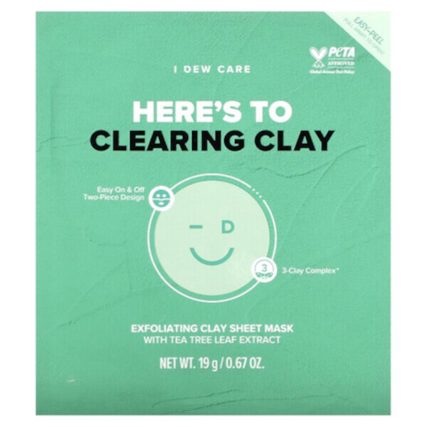 Here's To Clearing Clay, Отшелушивающая косметическая тканевая маска с глиной, 4 тканевых маски, 19 г (0,67 унции) каждая I Dew Care