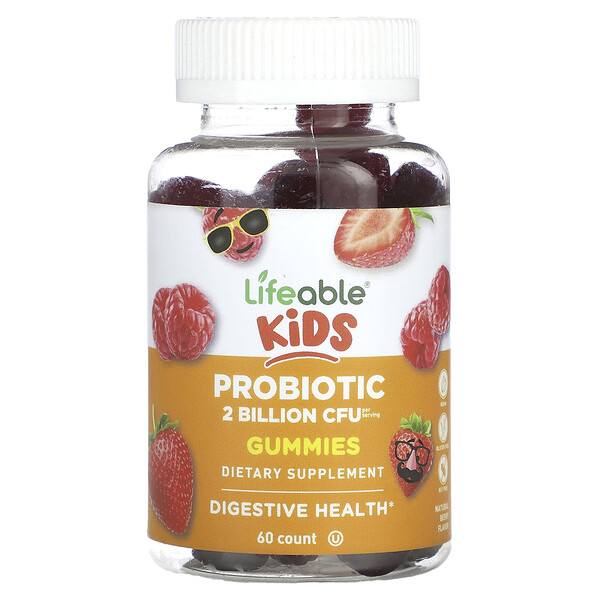 Детские жевательные таблетки с пробиотиками, натуральные ягоды, 1 миллиард КОЕ, 60 жевательных конфет Lifeable