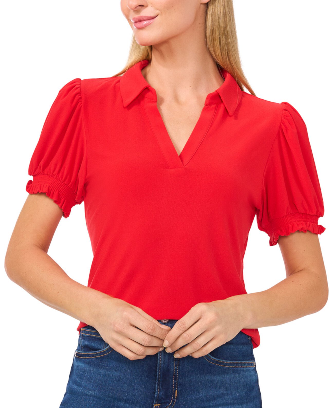 Women's Collared Split Neck Short Sleeve Knit Top CeCe