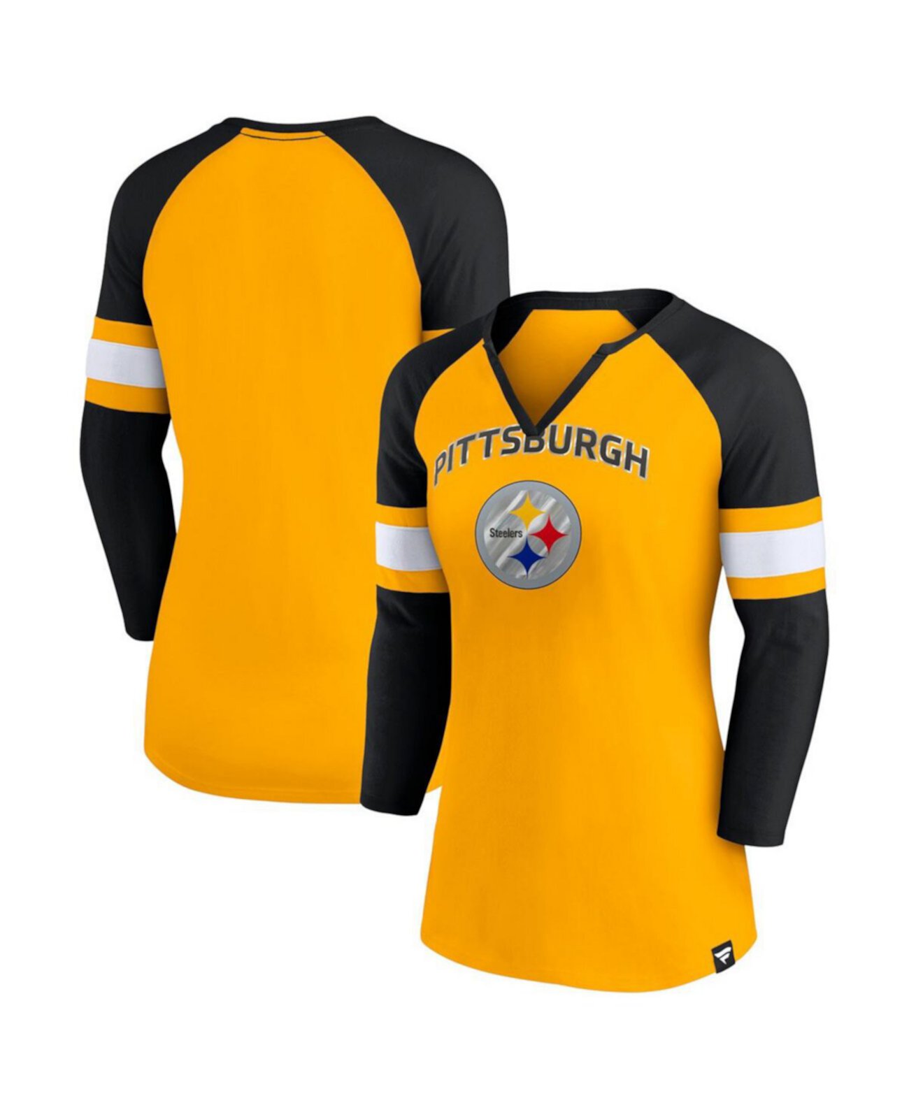 Женская золотисто-черная футболка Pittsburgh Steelers Arch реглан с вырезом в горловине и рукавами 3/4 Fanatics