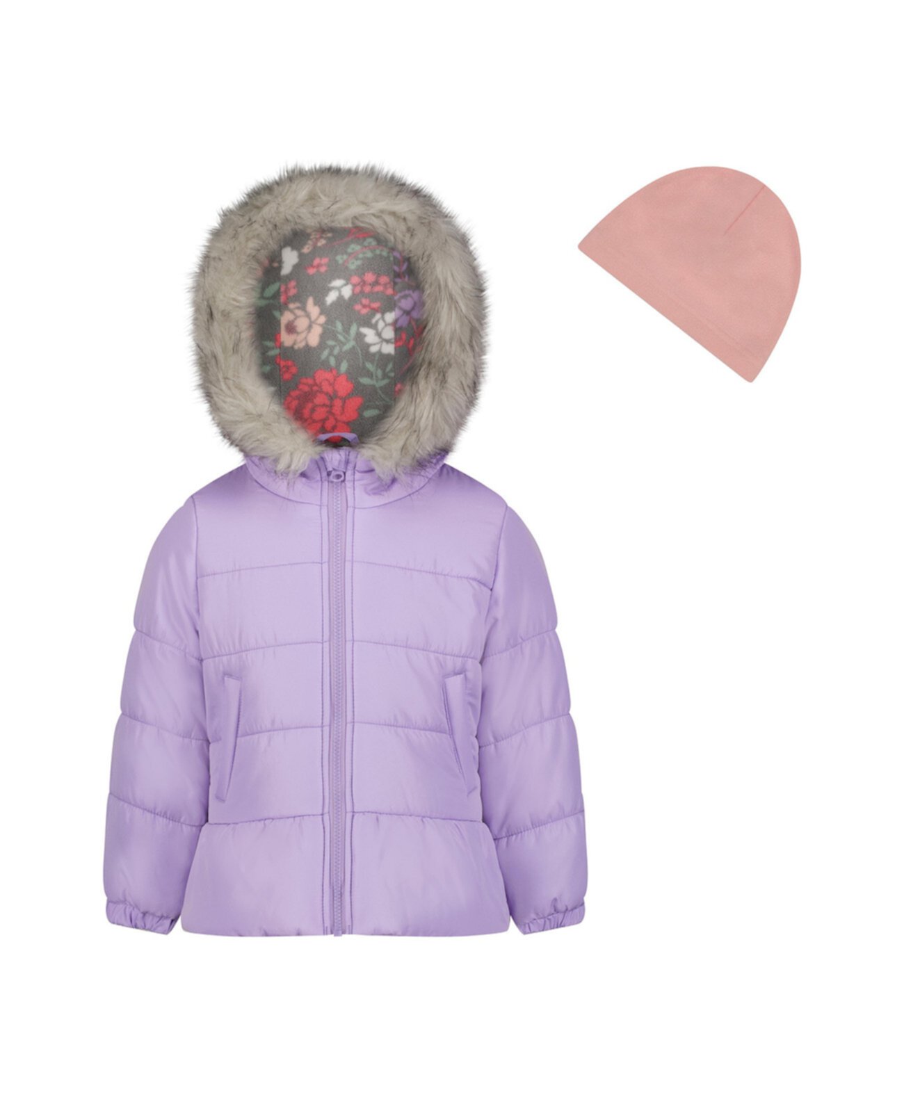Однотонная куртка для маленьких девочек с отделкой из искусственного меха и флисовая шапка Weathertamer