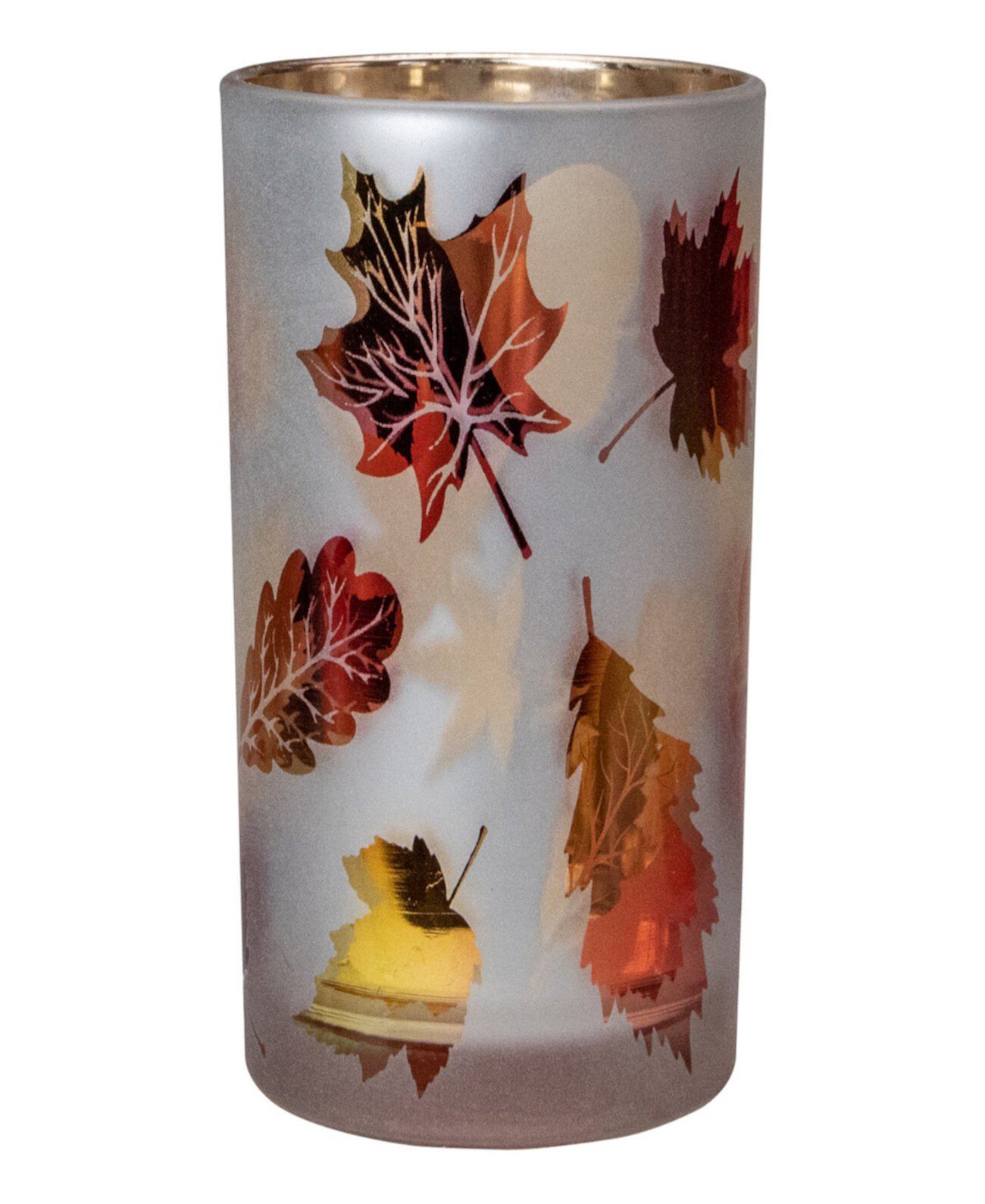 5-дюймовый матовый белый и золотистый подсвечник из беспламенного стекла с осенними листьями Northlight