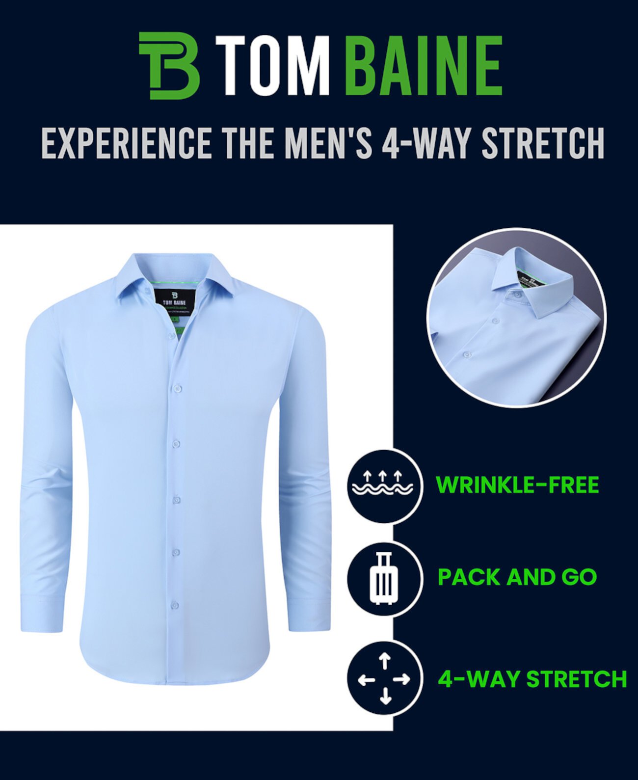 Men Slim Fit Four Way Stretch Solid Dress Shirt Tom Baine