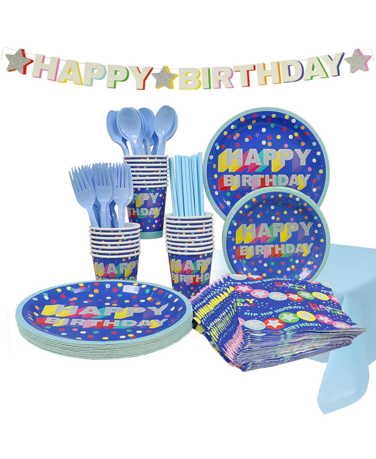 Одноразовый набор для вечеринки по случаю дня рождения, на 24 персоны, с большими и маленькими бумажными тарелками, бумажными стаканчиками, соломинками, салфетками, пластиковой посудой, скатертью и баннером. Puleo