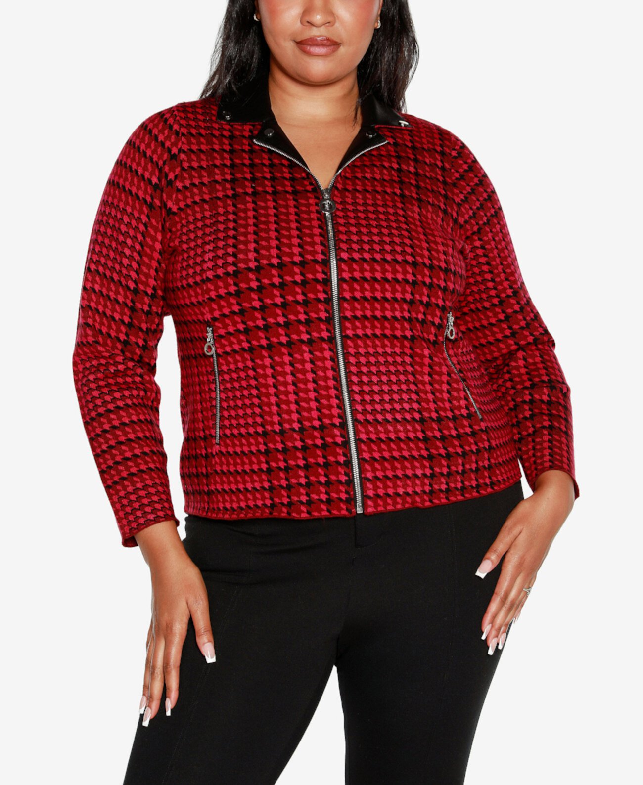 Женская Куртка Belldini Plus Size Houndstooth Motorcycle Sweater Jacket Belldini