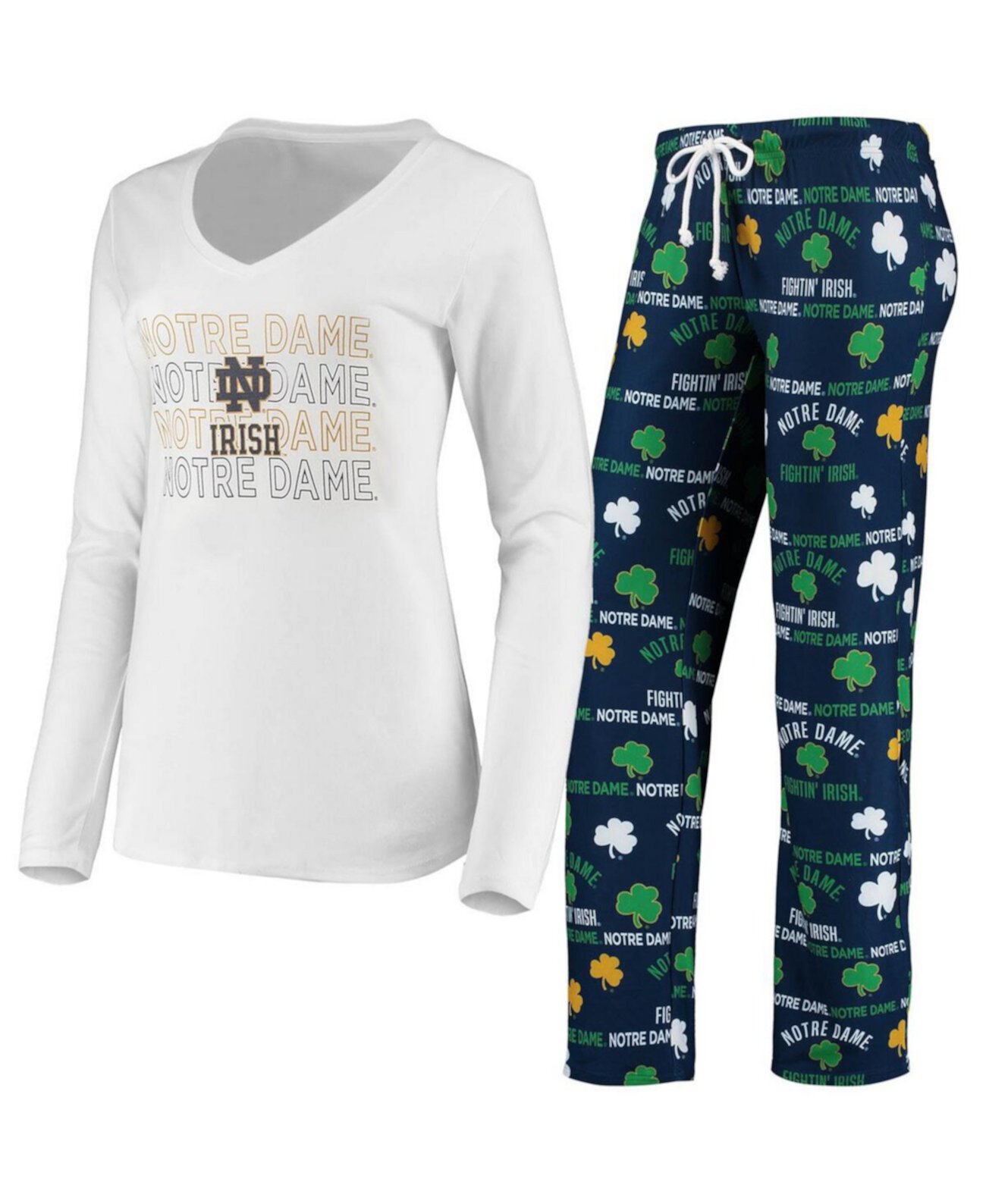 Женский темно-синий, белый комплект для сна с футболкой с длинными рукавами и брюками Notre Dame Fighting Irish Flagship Concepts Sport