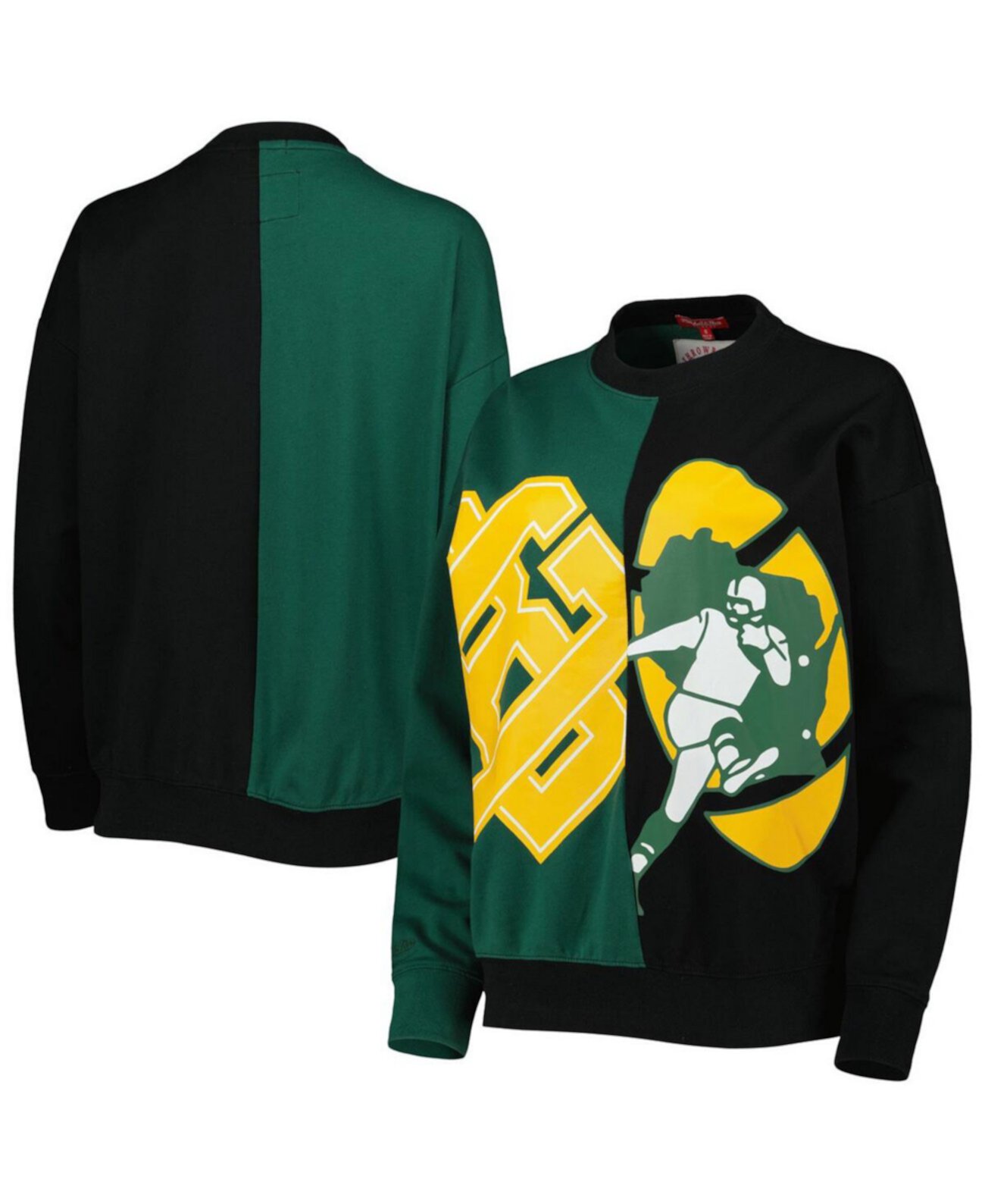 Женский зеленый, черный свитшот-пуловер с большим лицом Green Bay Packers Mitchell & Ness
