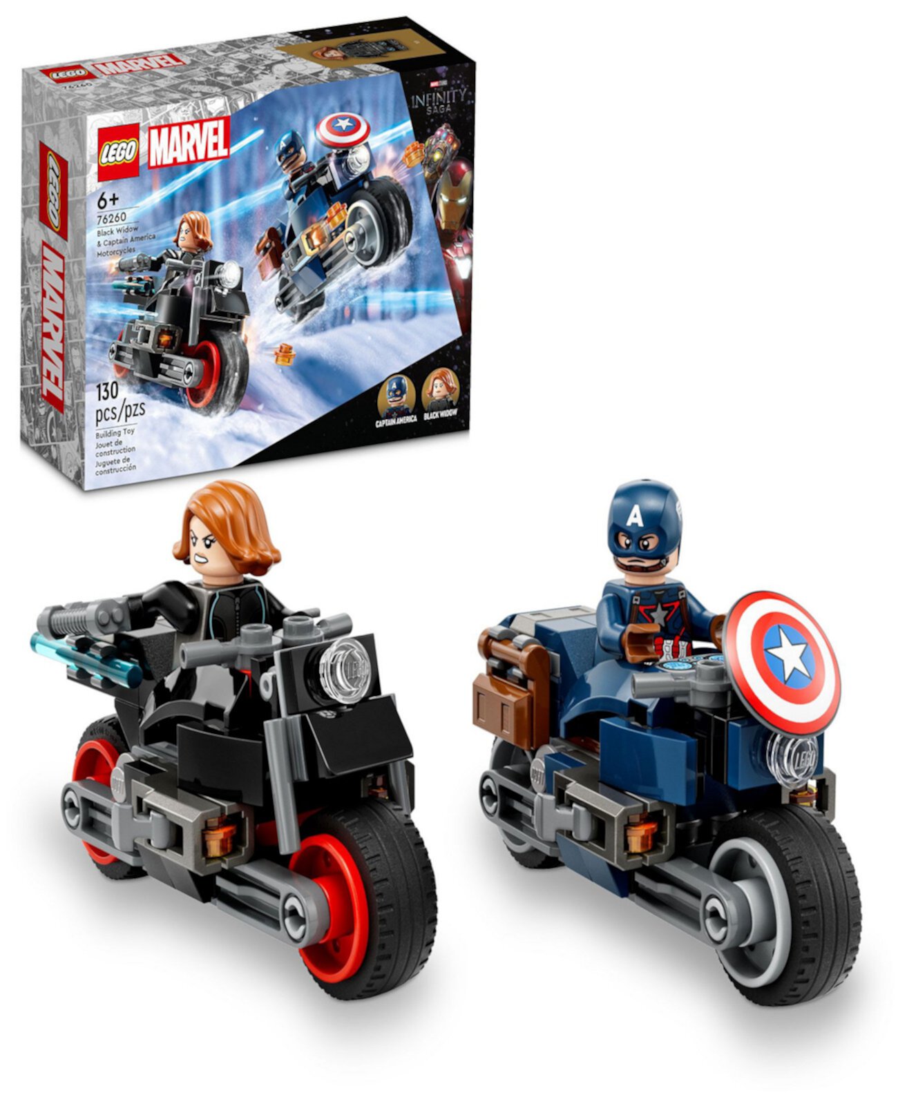 Super Heroes Marvel 76260 Черная Вдова и Капитан Америка Мотоциклы Набор игрушечных конструкторов Lego