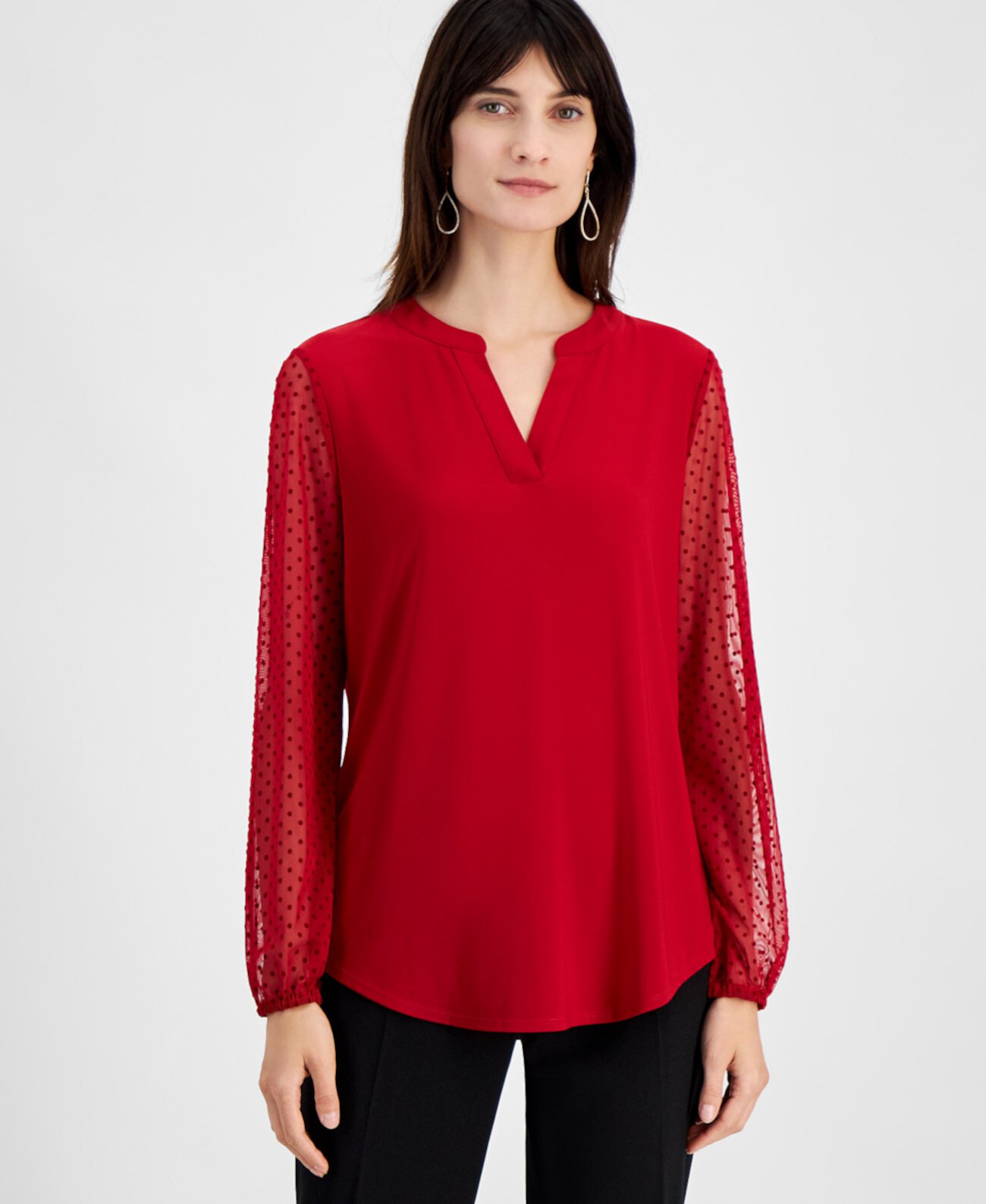 Women's Sheer-Sleeve Split-Neck Knit Top, Regular and Petite Sizes Kasper