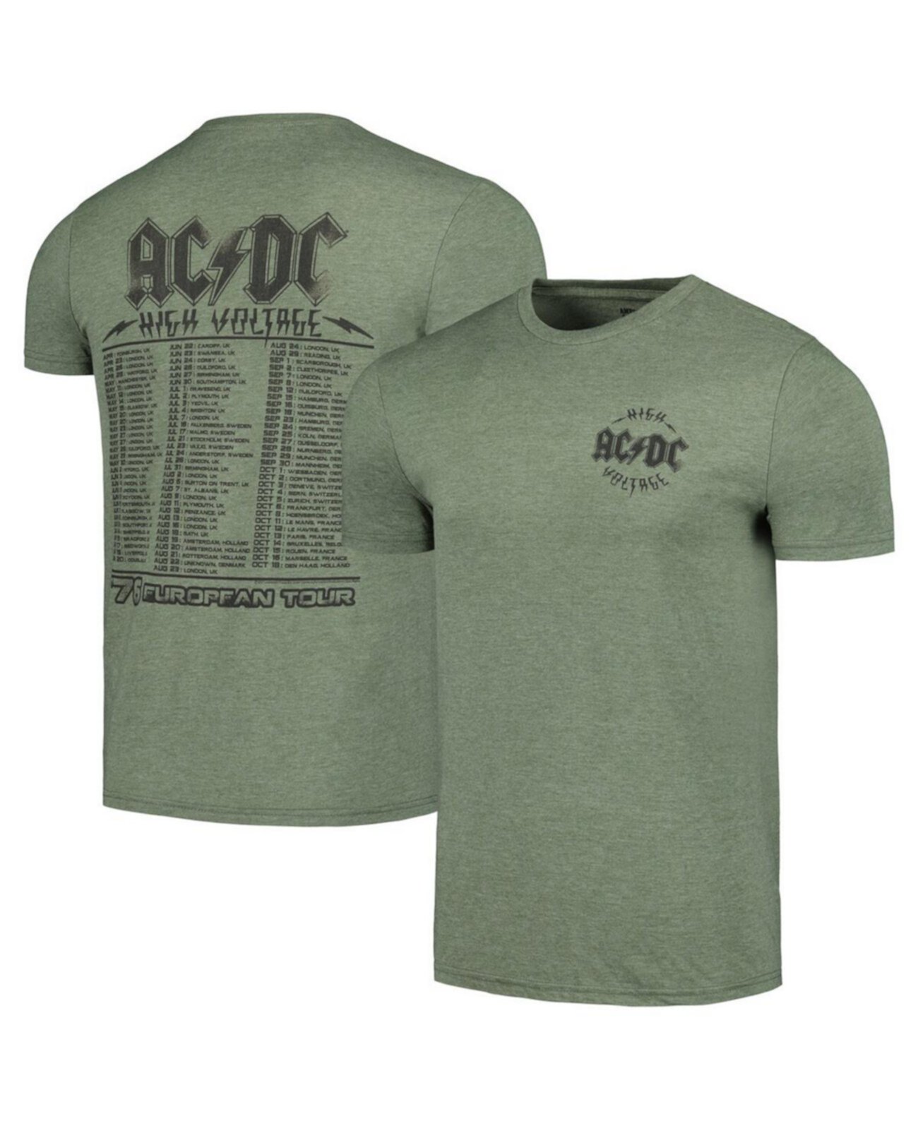 Мужская футболка цвета Хизер зеленого цвета AC/DC High Volt '76 European Tour American Classics