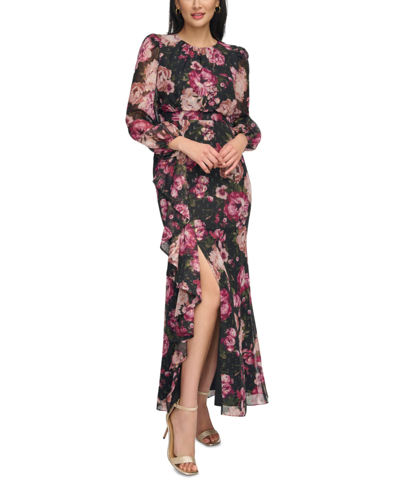 Женское каскадное платье макси с длинными рукавами и цветочным принтом Eliza J