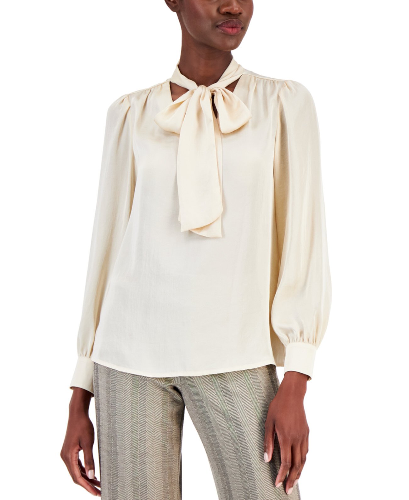 Женская атласная блузка с длинными рукавами и завязками на воротнике Anne Klein