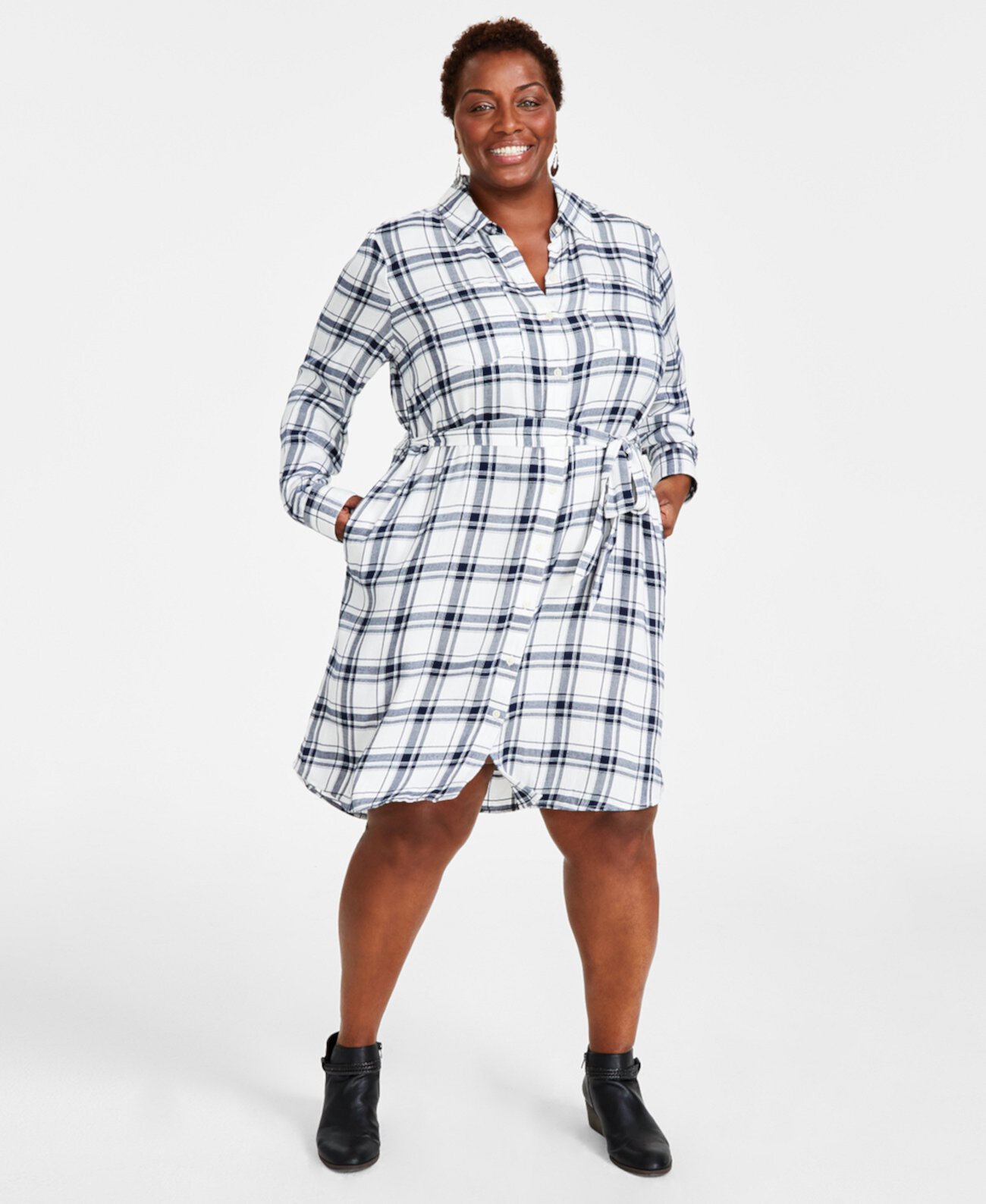 Платье-рубашка в клетку больших размеров с длинными рукавами, созданное для Macy's Style & Co
