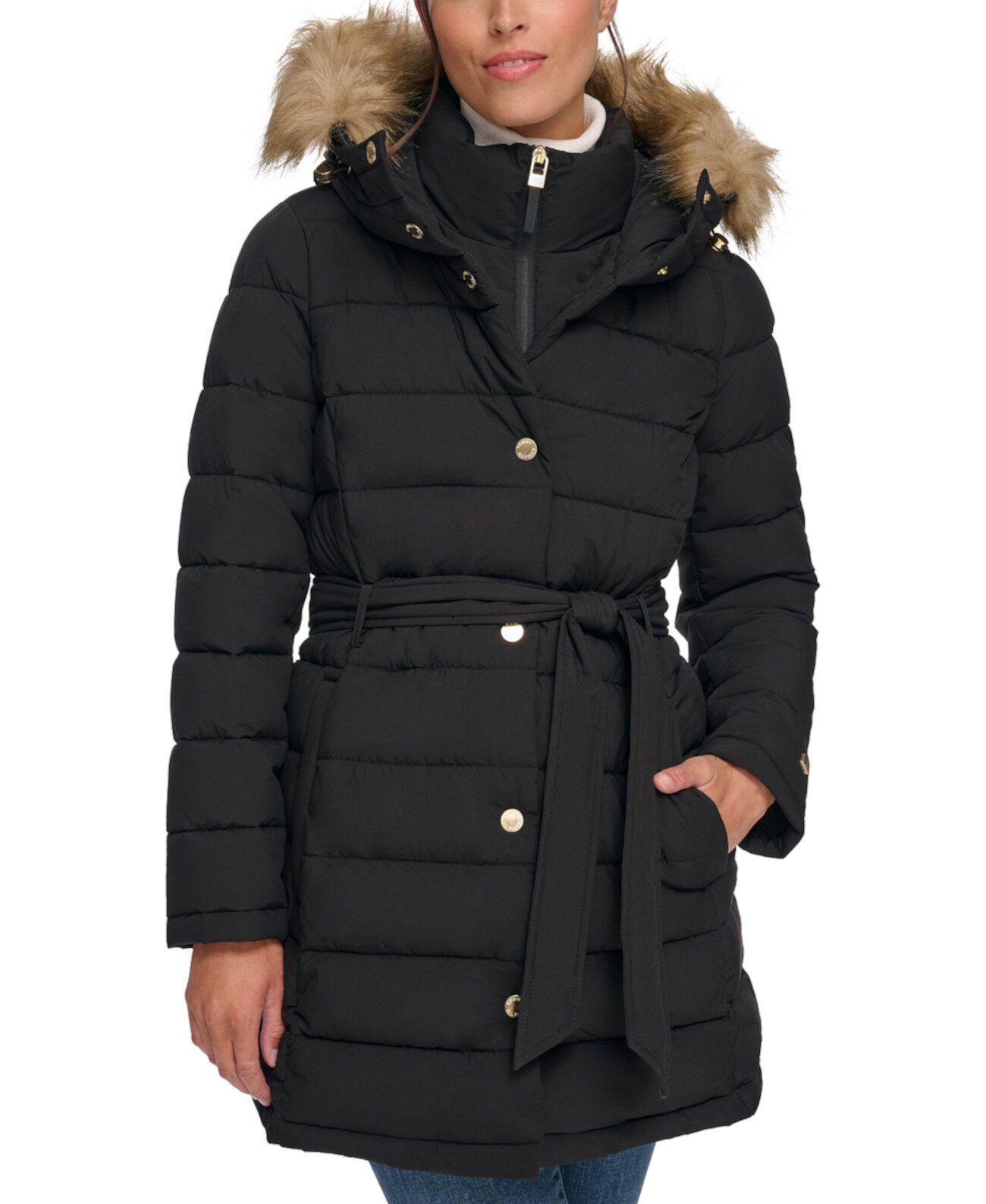 Женское Пуховое Пальто с Поясом и Искусственным Мехом на Капюшоне от Tommy Hilfiger Tommy Hilfiger