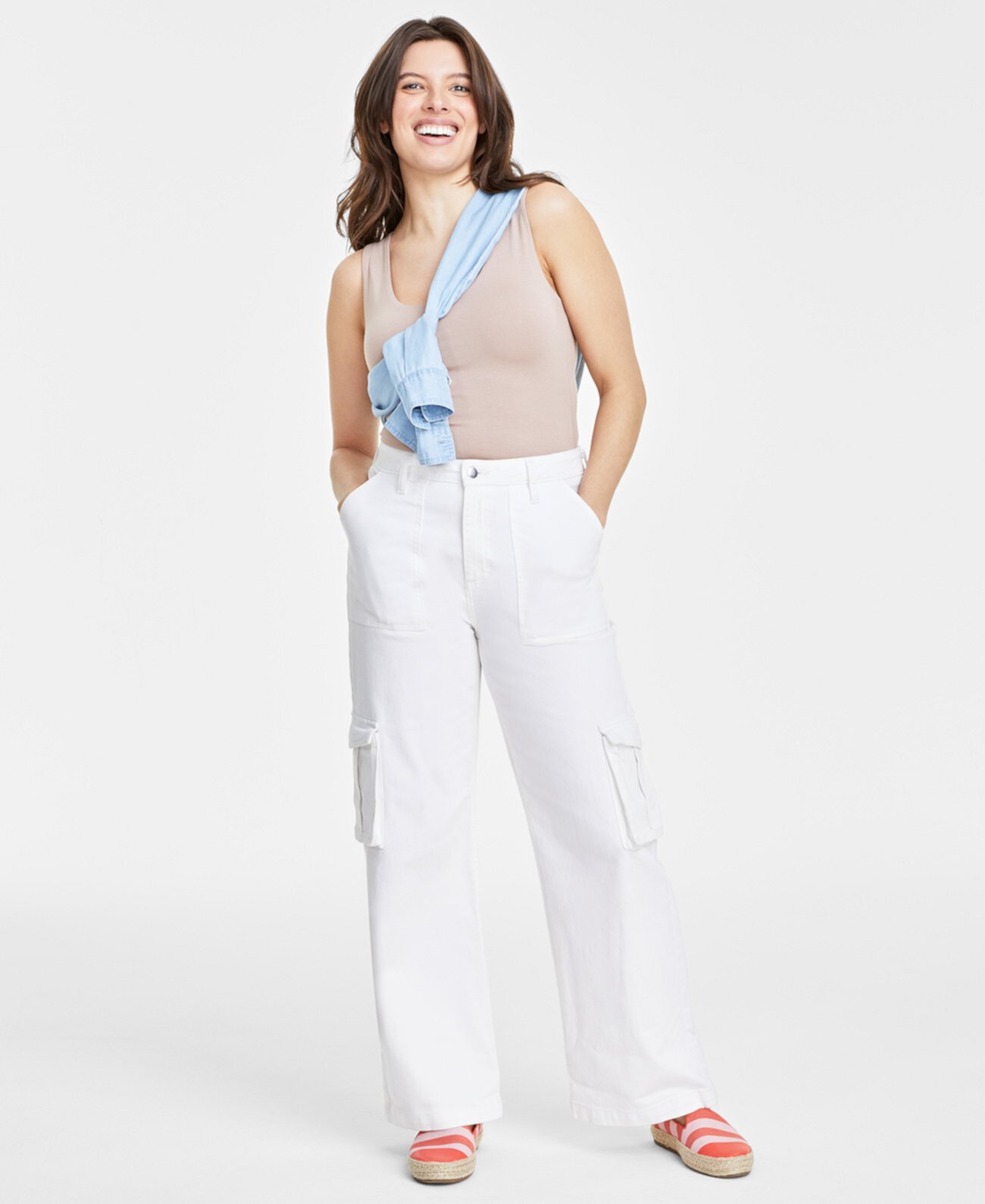 Women's White High Rise Utility Cargo Jeans, Created for Macy's On 34th
