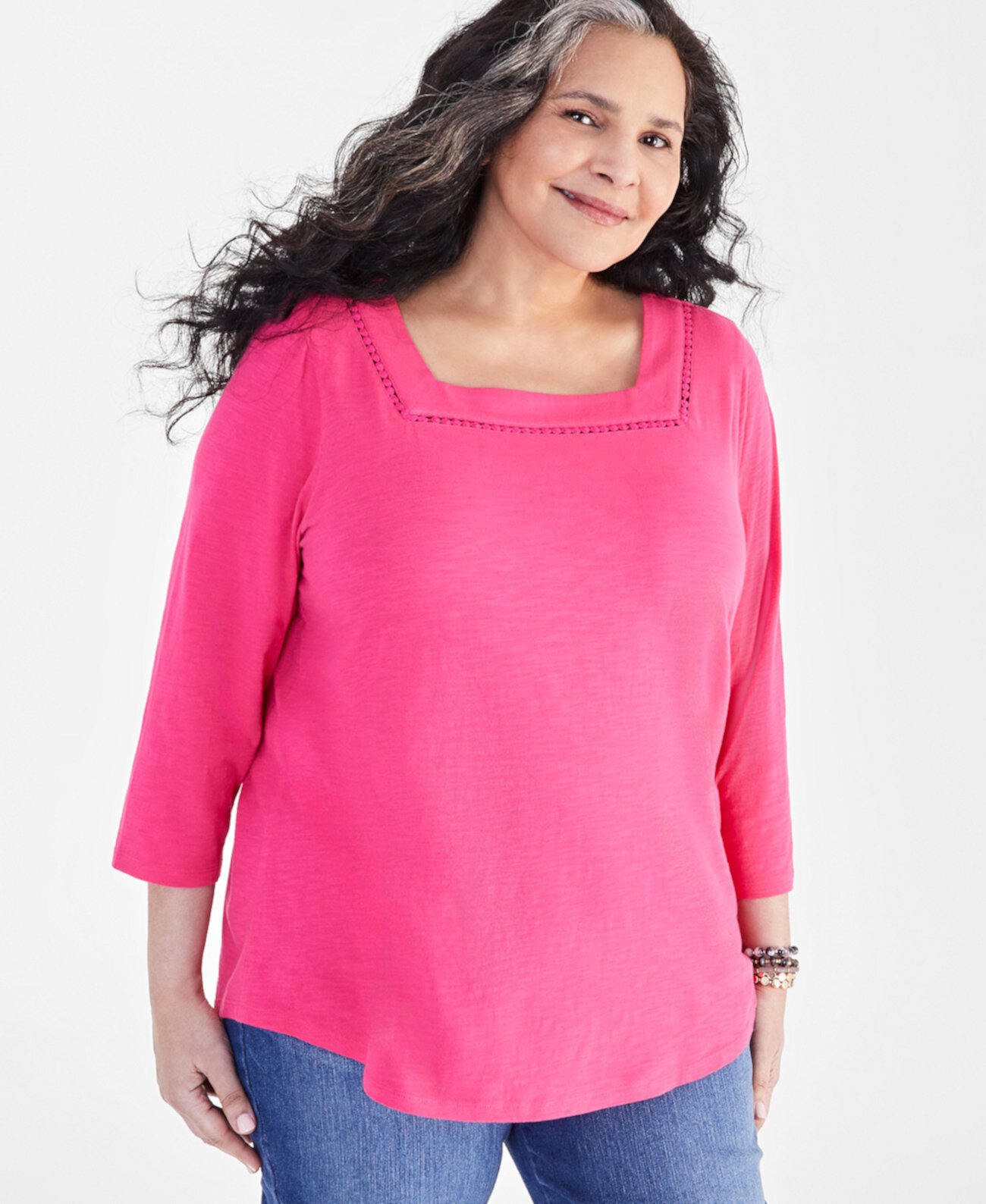 Plus Size Cotton Square-Neck Top, Created for Macy's Style & Co