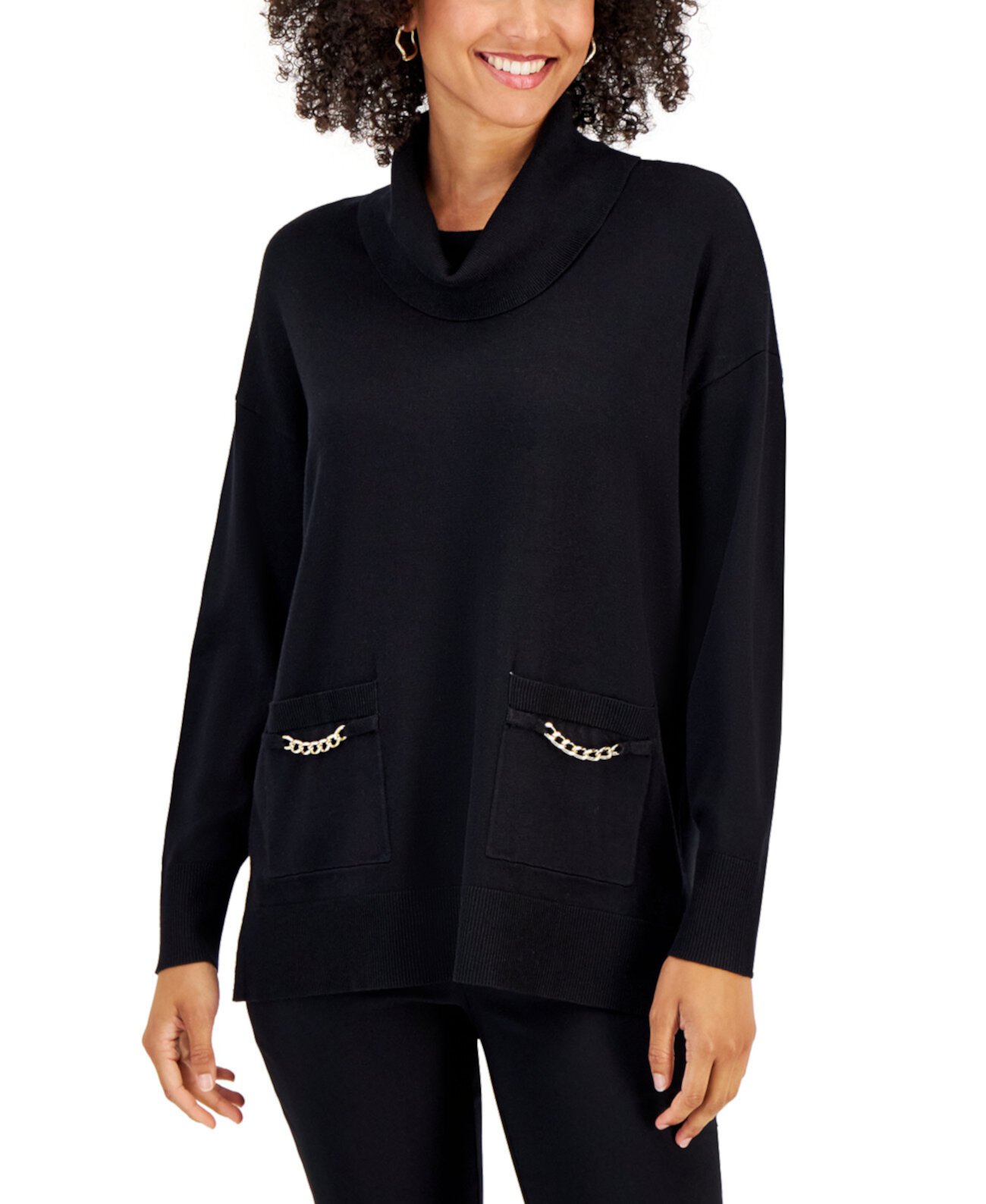 Женский свитер с воротником-хомутом и цепочкой и карманами, созданный для Macy's J&M Collection