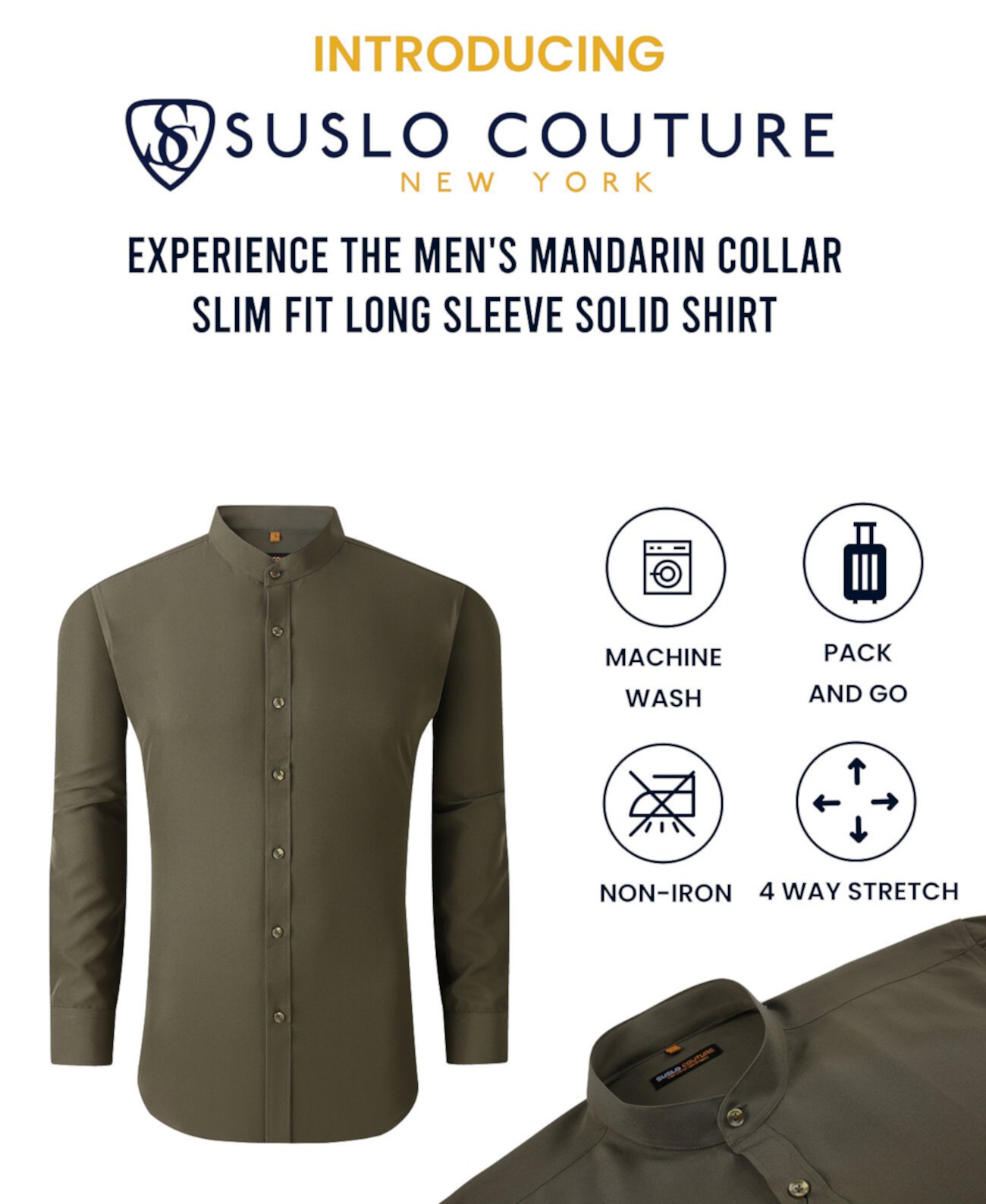 Мужская рубашка Suslo Couture slim fit без воротника с кнопками из эластичной ткани Suslo Couture