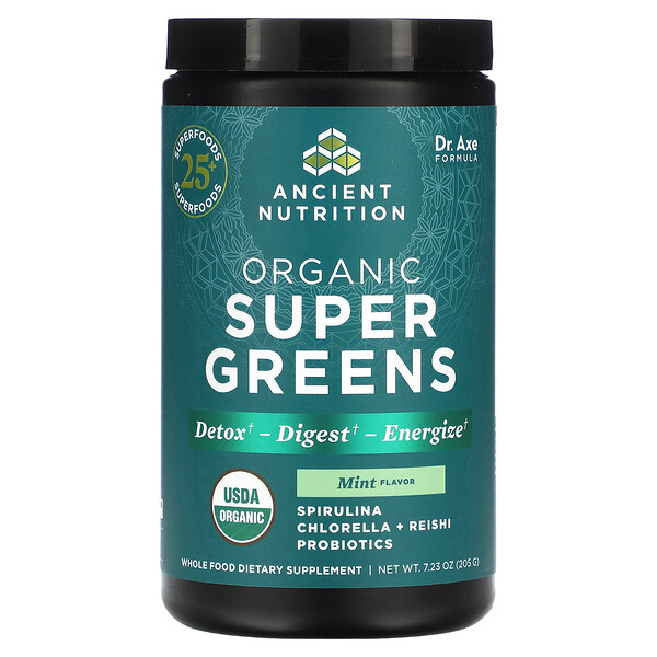 Organic Super Greens, мята, 7,23 унции (205 г) Dr. Axe / Ancient Nutrition