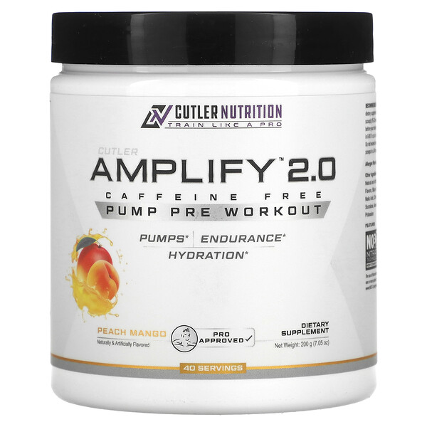 Amplify 2.0, Pump Pre Workout, без кофеина, персик и манго, 7,05 унций (200 г) Cutler Nutrition