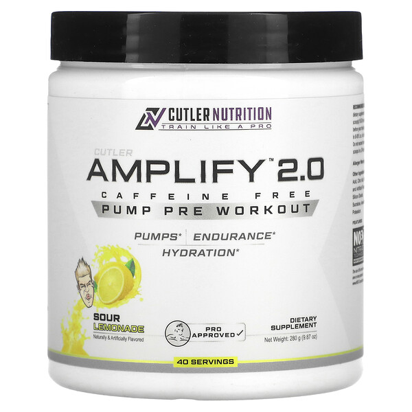 Amplify 2.0, Pump Pre Workout, без кофеина, кислый лимонад, 9,87 унции (280 г) Cutler Nutrition