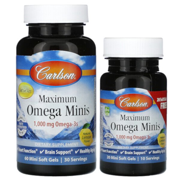 Maximum Omega Minis, Натуральный лимон, 1000 мг, 80 мягких мини-желатиновых капсул (по 500 мг на мягкую желатиновую таблетку) Carlson