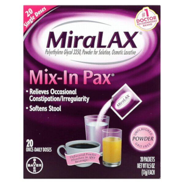 Пакет Mix-In, без песчинок, без ароматизаторов, 20 пакетов по 0,5 унции (17 г) каждый Miralax