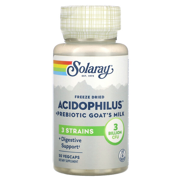 Лиофилизированный Ацидофилус + Пребиотик из козьего молока, 3 миллиарда КОЕ - 50 вегетарианских капсул - Solaray Solaray