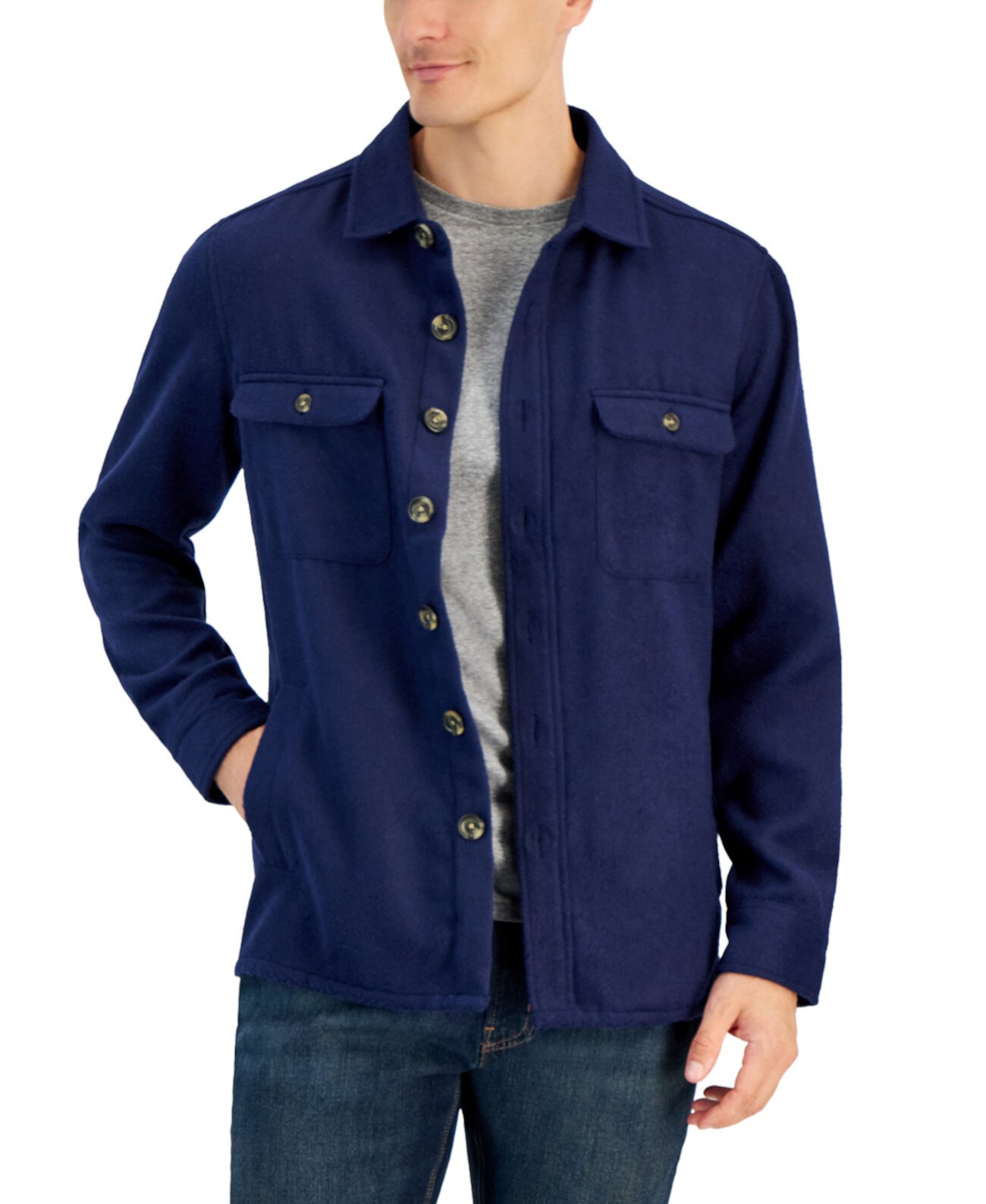 Мужская однотонная куртка-рубашка на пуговицах спереди, созданная для Macy's Club Room