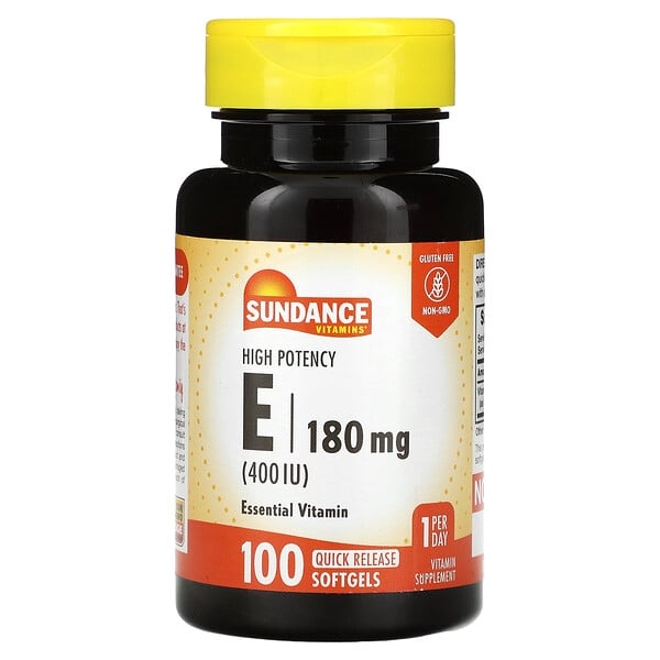Высокоэффективный E, 180 мг (400 МЕ), 100 мягких таблеток с быстрым высвобождением Sundance Vitamins
