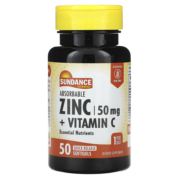 Цинк усвояемый + Витамин C - 50 мг - 50 быстрорастворимых капсул - Sundance Vitamins Sundance Vitamins