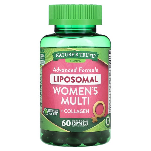 Витамины, липосомальная формула с улучшенной формулой, мультикомпоненты для женщин + коллаген, 60 мягких таблеток быстрого высвобождения Nature's Truth