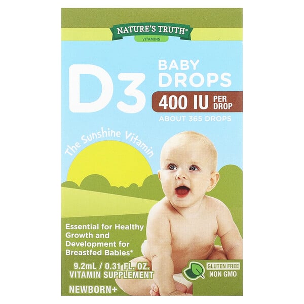 Витамины, детские капли D3, для новорожденных+, 400 МЕ, 9,2 мл (0,31 жидк. унции) Nature's Truth