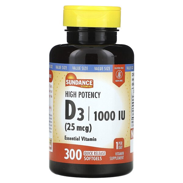 Высокоэффективный витамин D3, 25 мкг (1000 МЕ), 300 мягких таблеток быстрого высвобождения Sundance