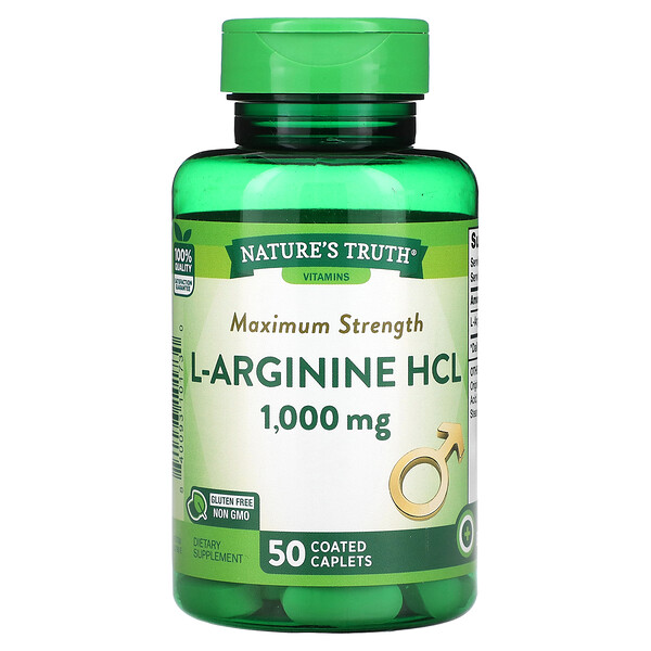 Витамины, L-аргинин HCL максимальной силы, 1000 мг, 50 капсул, покрытых оболочкой Nature's Truth