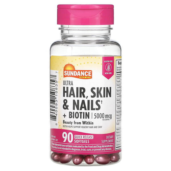 Ultra Hair, Skin & Nails + биотин, 90 мягких таблеток быстрого высвобождения Sundance Vitamins