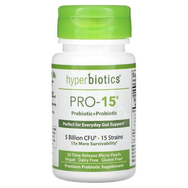 Pro-15, Пребиотик + Пробиотик, 5 миллиардов КОЕ, 30 таблеток с пролонгированным выпуском - Hyperbiotics Hyperbiotics