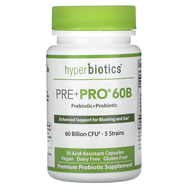 Pre + Pro 60B, 60 миллиардов КОЕ, 30 кислотоустойчивых капсул Hyperbiotics
