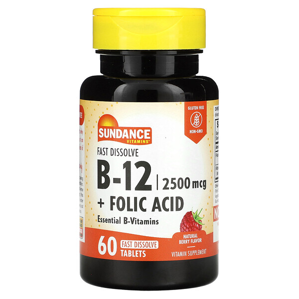 B-12 + Фолиевая кислота, Натуральная ягода - 2500 мкг - 60 таблеток быстрого растворения - Sundance Vitamins Sundance Vitamins