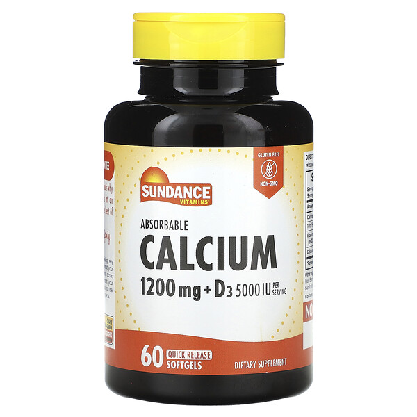 Усвояемый Кальций + D3 - 1200 мг + 5000 МЕ - 60 быстрорастворимых желатиновых капсул - Sundance Vitamins Sundance Vitamins