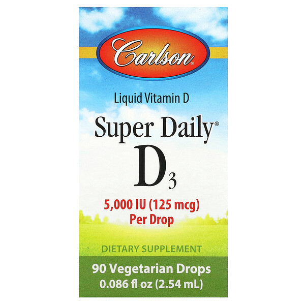 Super Daily, D3, 125 мкг (5000 МЕ), 90 растительных капель, 0,086 жидких унций (2,54 мл) Carlson