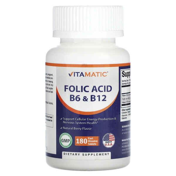 Фолиевая кислота B6 & B12, Натуральный ягодный вкус - 180 таблеток быстрорастворимые - Vitamatic Vitamatic