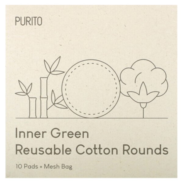 Inner Green, Многоразовые ватные круги, 10 подушечек + сетчатый мешок Purito