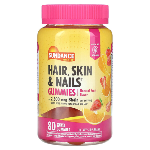 Жевательные конфеты для волос, кожи и ногтей, натуральные фрукты, 80 веганских жевательных конфет Sundance Vitamins