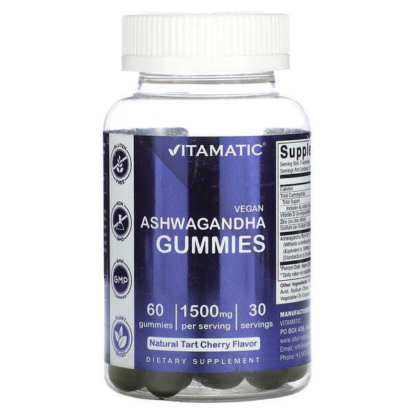 Vegan Ashwagandha, Натуральная кислая вишня, 750 мг, 60 жевательных таблеток Vitamatic