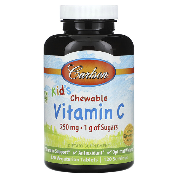 Детский жевательный витамин С, натуральный мандарин, 250 мг, 120 вегетарианских таблеток Carlson